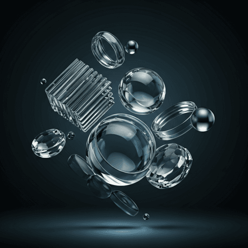 Objets verriers minimalistes flottant dans un espace digital bleu profond.