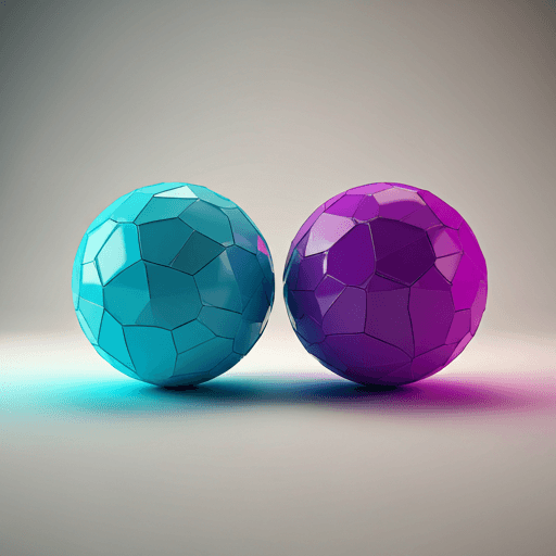 Composition abstraite de deux sphères lumineuses bleue et violette dans un studio clair.