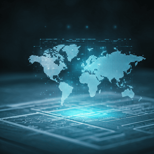 Carte holographique avec clusters de données superposés à un plan architectural.