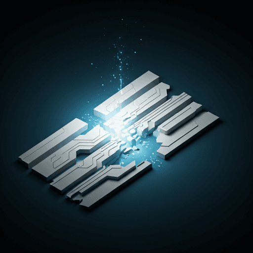 Représentation abstraite d'un circuit réparé par la lumière, dans une esthétique blanche et indigo.