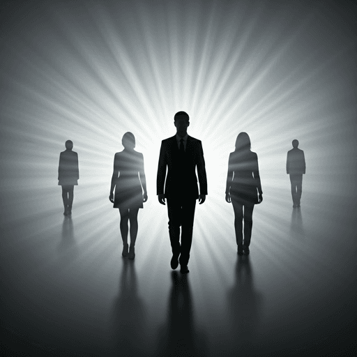 Silhouettes humaines reliées par des faisceaux lumineux sur fond gris professionnel.