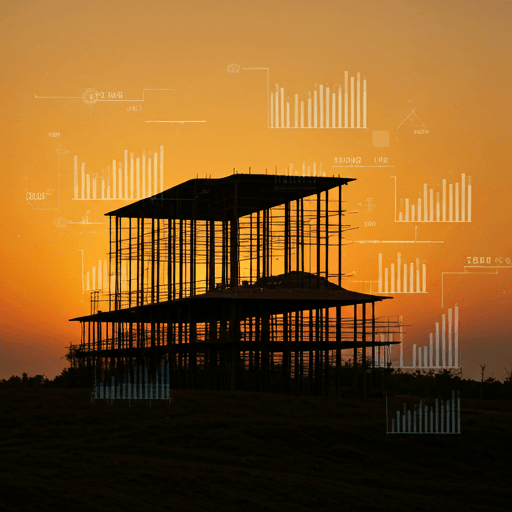 Silhouettes architecturales au coucher du soleil avec overlays de mesures et données.