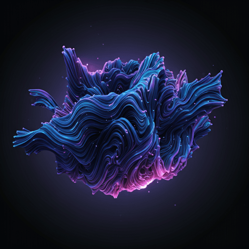 Sculpture digitale abstraite évoquant des réseaux neuronaux et des flux de données.