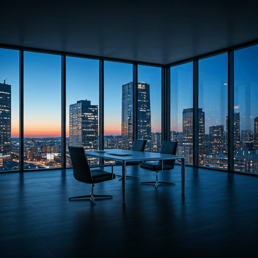 Bureau exécutif minimaliste avec vue sur skyline en fin de journée.