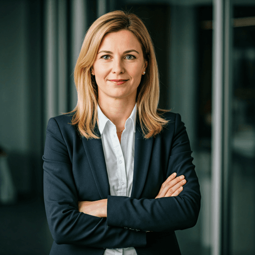 Portrait professionnel de Valérie Courtin dans un bureau moderne et lumineux.